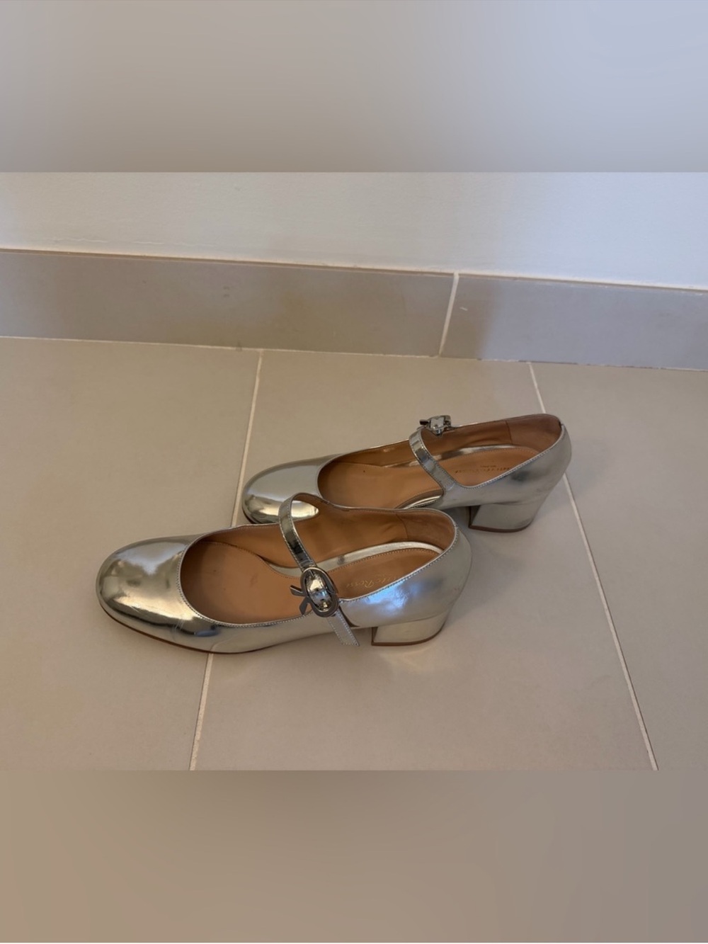 Gianvito Rossi Metallic Silver Mary Jane Low Block Heels